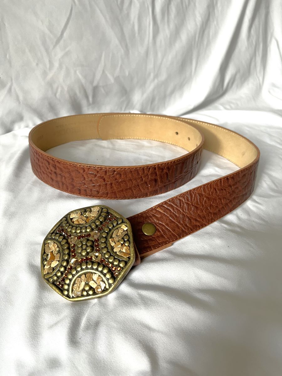Leatherock Size Large Brown Leather Belt Rhinestone Buckle  display picture 1