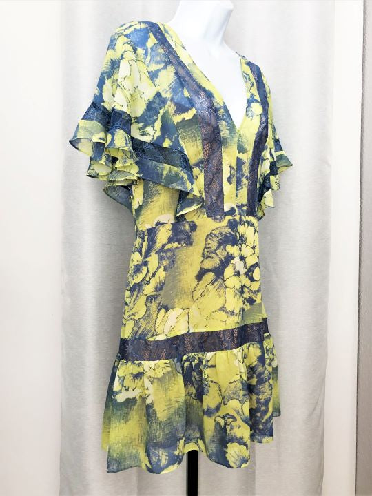 BCBGMaxazria Size 12 Blue and Yellow Floral Dress FABULUX BCBGMaxazria Size 12 Blue and Yellow Floral Dress FABULUX