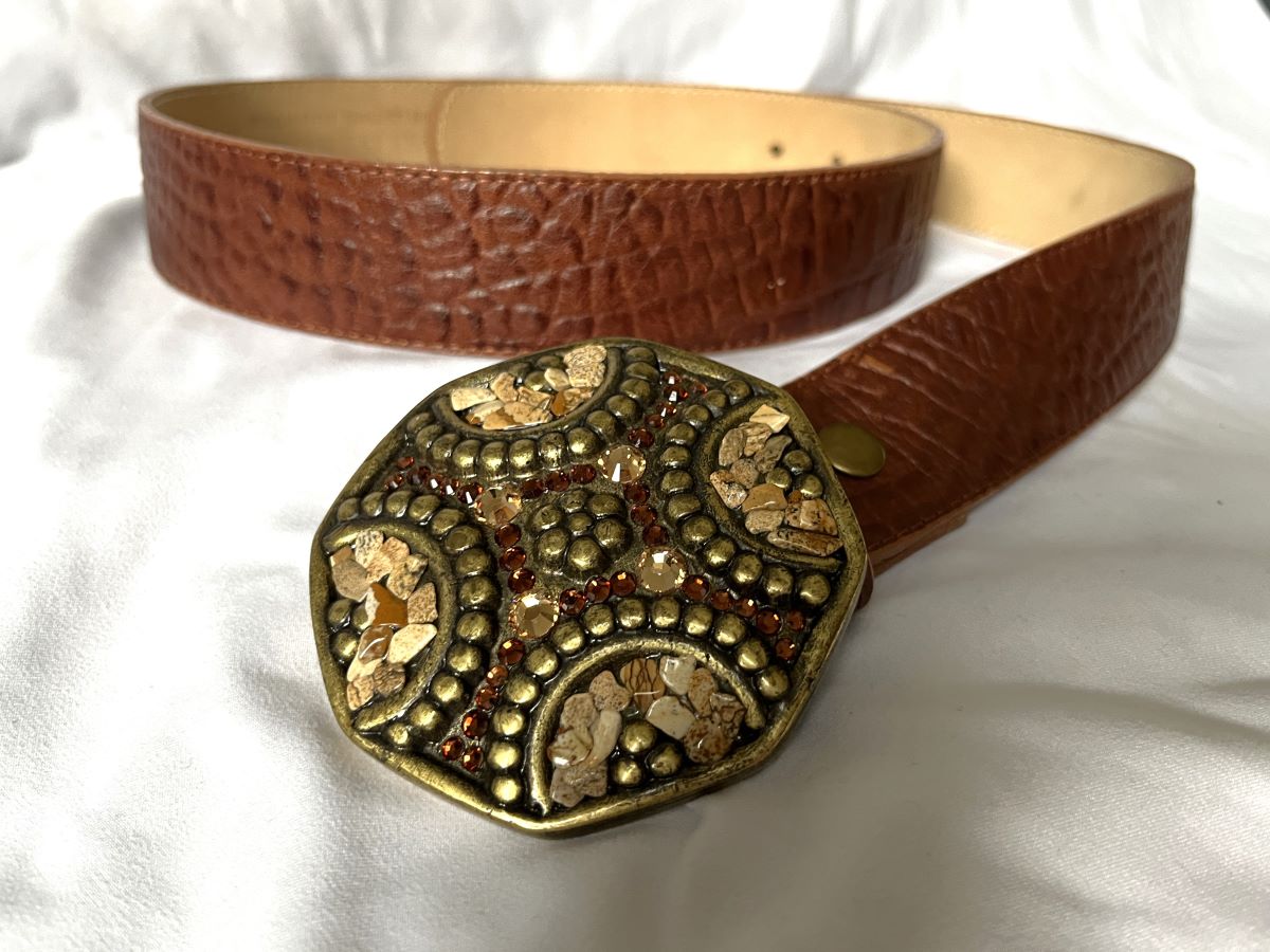 Leatherock Size Large Brown Leather Belt Rhinestone Buckle Vintage Ladies LEATHEROCK USA Brown Leather Belt With  main image 2