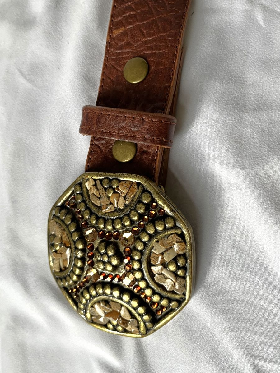 Leatherock Size Large Brown Leather Belt Rhinestone Buckle  display picture 3