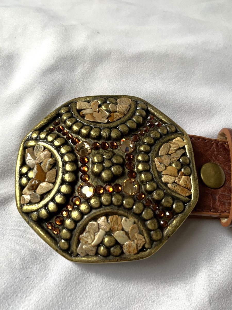 Leatherock Size Large Brown Leather Belt Rhinestone Buckle  display picture 2