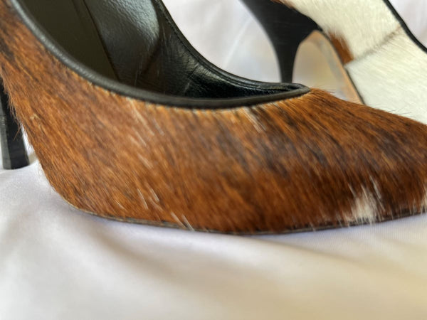 Barney's Size 5.5 Brown and White Calfhair Pumps