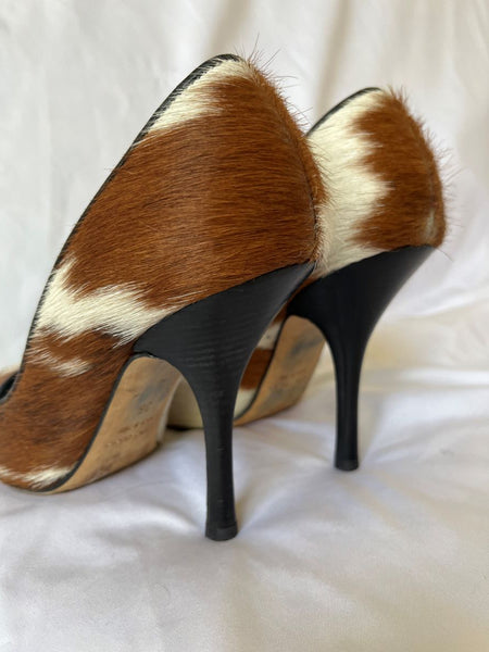 Barney's Size 5.5 Brown and White Calfhair Pumps