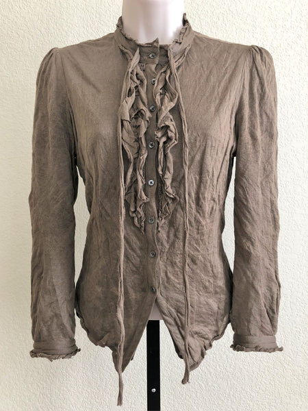 Tocca Size 6 Taupe Ruffle Front Shirt