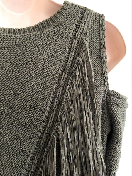 BCBGMaxazria NEW XS Joanne Cold Shoulder Fringe Sweater