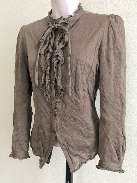 Tocca Size 6 Taupe Ruffle Front Shirt