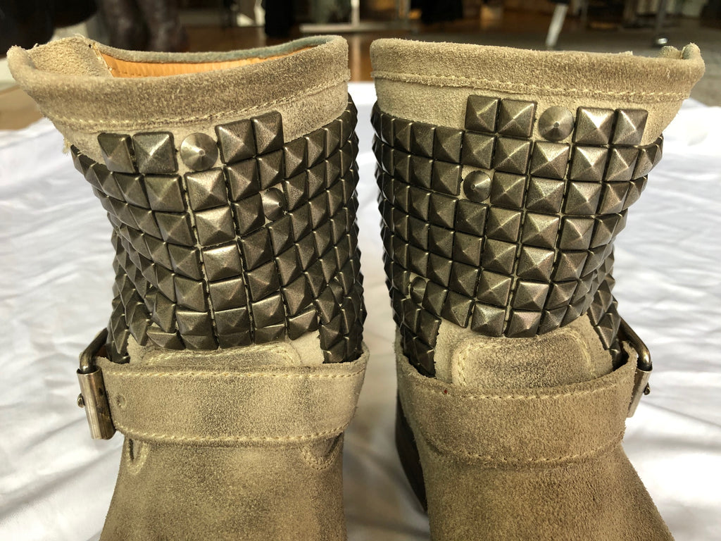 ASH Size 6 Titan Beige Suede Studded Moto Boots FABULUX