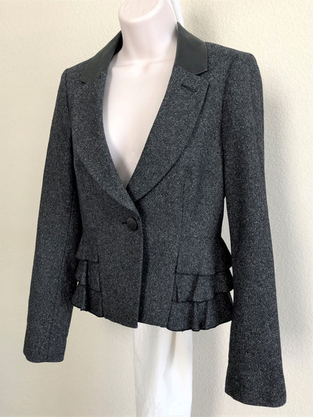 Rebecca Taylor Size 8 Ruffled Tweed Leather Trim Blazer