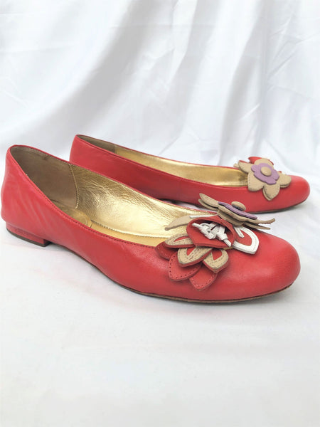 COACH Size 6 Chrisann Red Leather Floral Flats