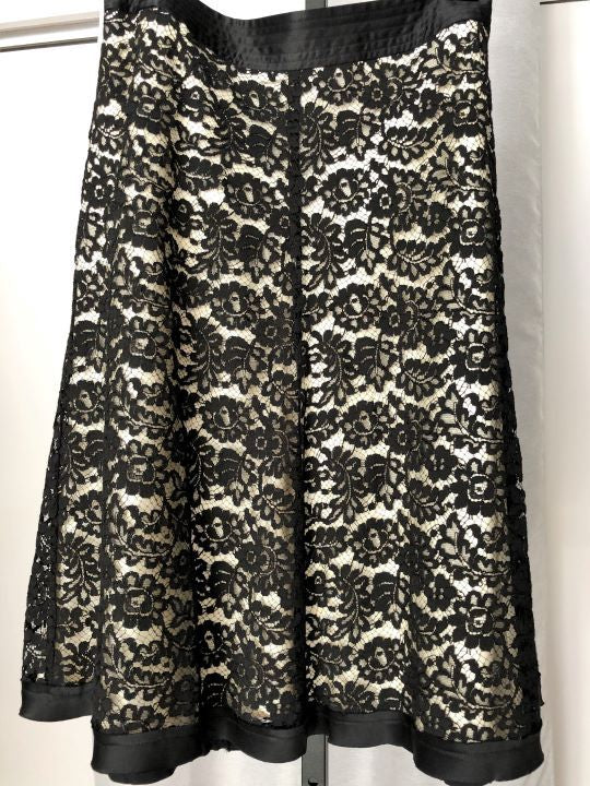 Rebecca Taylor Size 10 Nude Silk Skirt Black Lace Overlay - CLEARANCE