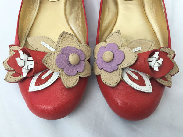 COACH Size 6 Chrisann Red Leather Floral Flats