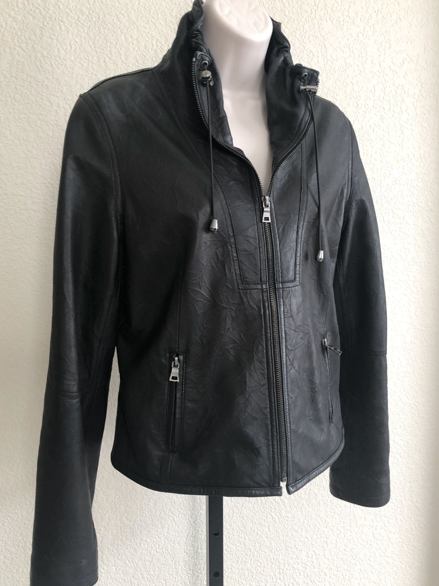 Black Leather Jacket Size Medium Ruched Collar - CLEARANCE
