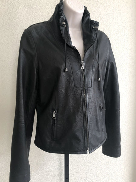 Black Leather Jacket Size Medium Ruched Collar - CLEARANCE