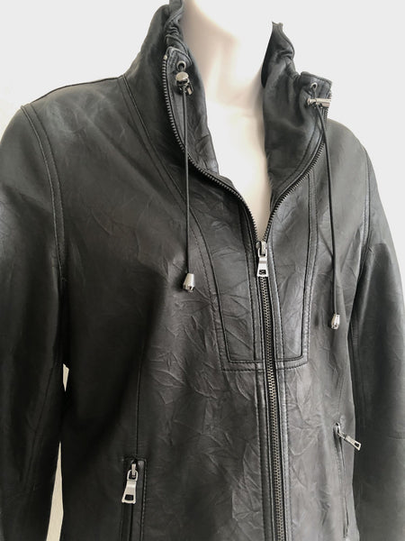 Black Leather Jacket Size Medium Ruched Collar