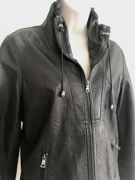 Black Leather Jacket Size Medium Ruched Collar - CLEARANCE