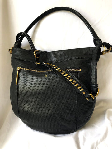 Elliott Lucca Black Leather Perforated Bucket Bag