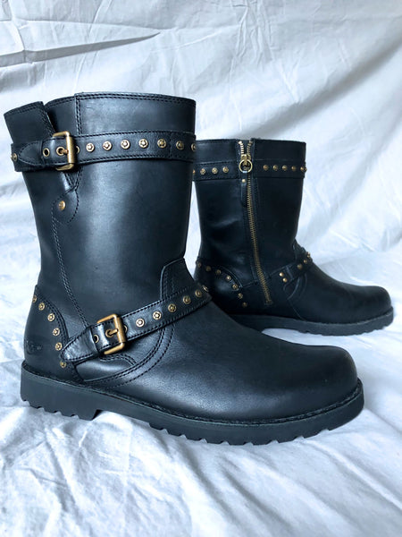 UGG Size 6 Black Fabrizia Studded Moto Boots