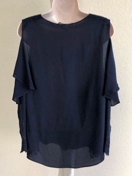 Kobi Halperin LARGE Mollie Cold Shoulder Navy Silk Top