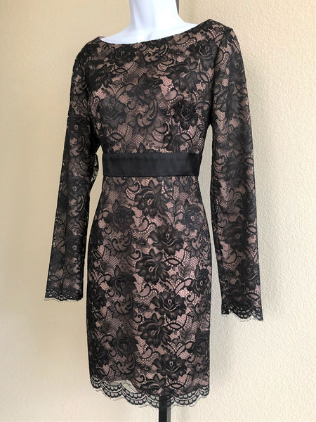 Trina Turk Size 8 Nude Dress with Black Lace Overlay
