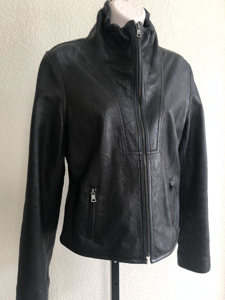 Black Leather Jacket Size Medium Ruched Collar - CLEARANCE