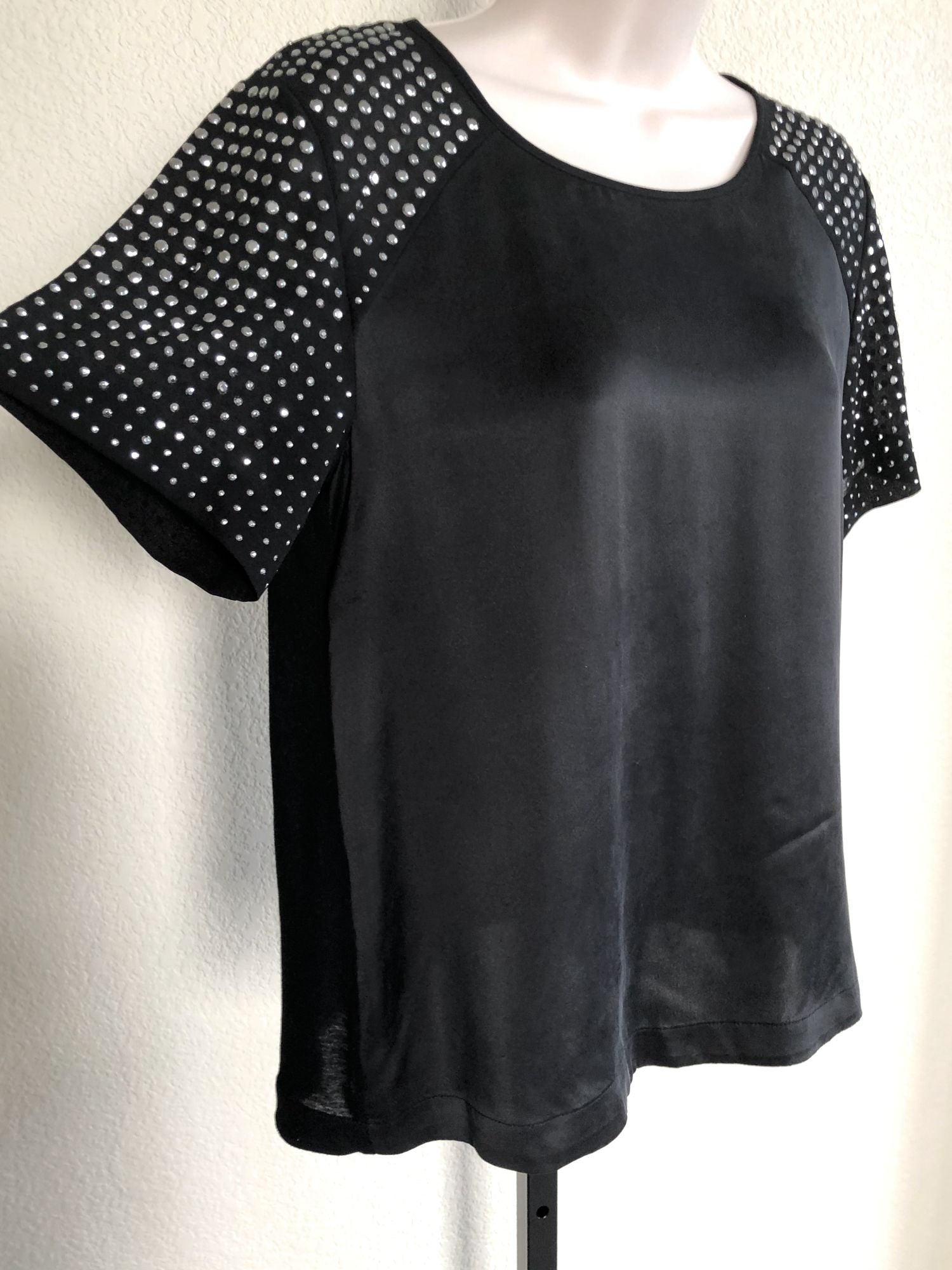 Rebecca Taylor Size 2 Black Rhinestone Sleeve Silk Top