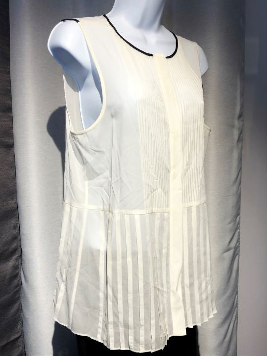 Theory LARGE Ivory Silk Sleeveless Black Trim Blouse