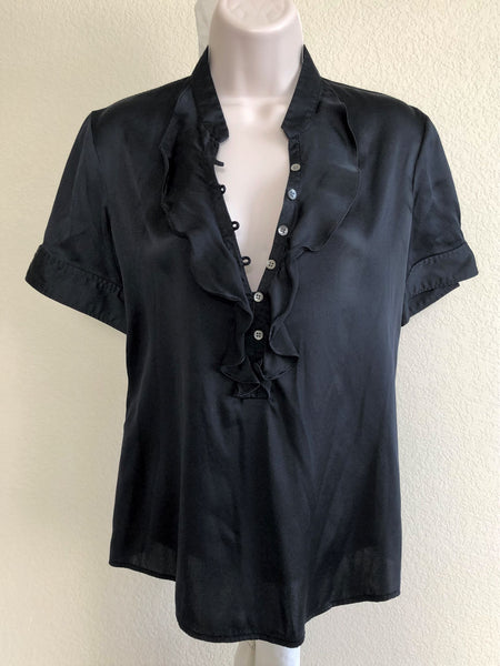 Theory SMALL Black Silk Ruffle Top