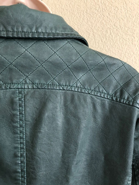 Cartonnier for Anthropologie Teal Vegan Leather Ruffle Moto Jacket