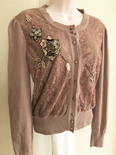 Blumarine SMALL Tan Beaded Cashmere Cardigan