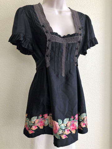 Free People Size 6 Black Silk Floral Top