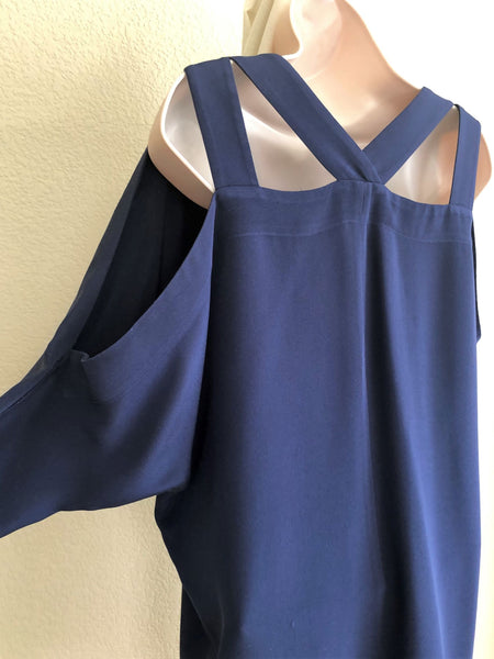 Ramy Brook Size Large Silk Navy Cold Shoulder Top