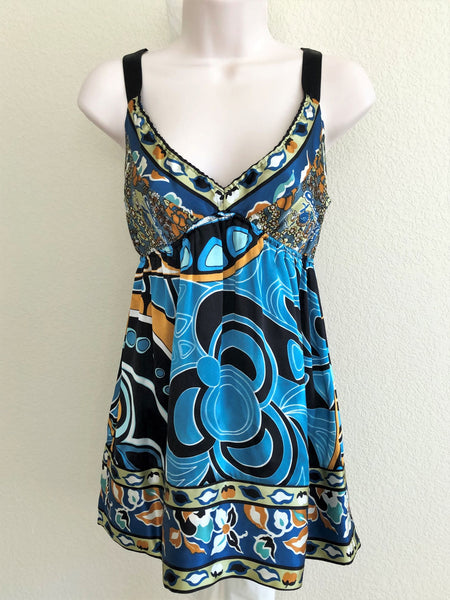 Hale Bob MEDIUM Blue Floral Silk Tank