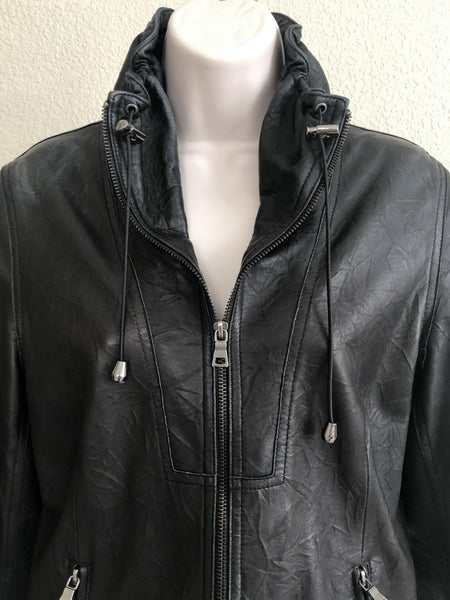 Black Leather Jacket Size Medium Ruched Collar - CLEARANCE
