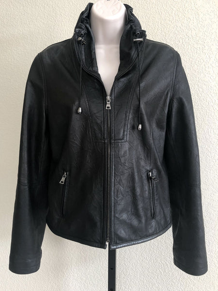 Black Leather Jacket Size Medium Ruched Collar - CLEARANCE