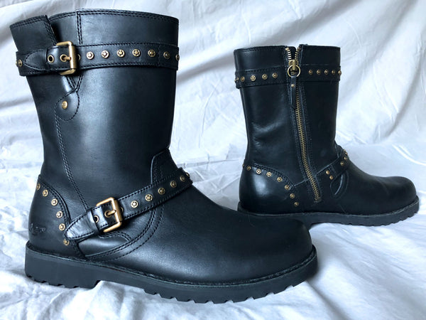 UGG Size 6 Black Fabrizia Studded Moto Boots