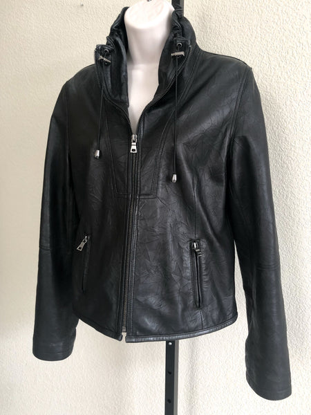 Black Leather Jacket Size Medium Ruched Collar - CLEARANCE