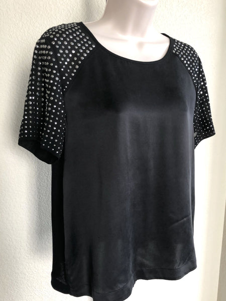 Rebecca Taylor Size 2 Black Rhinestone Sleeve Silk Top