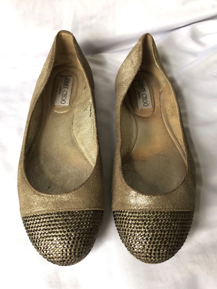 Jimmy Choo Authentic Size 6.5 - 7 Gold Rhinestone Flats