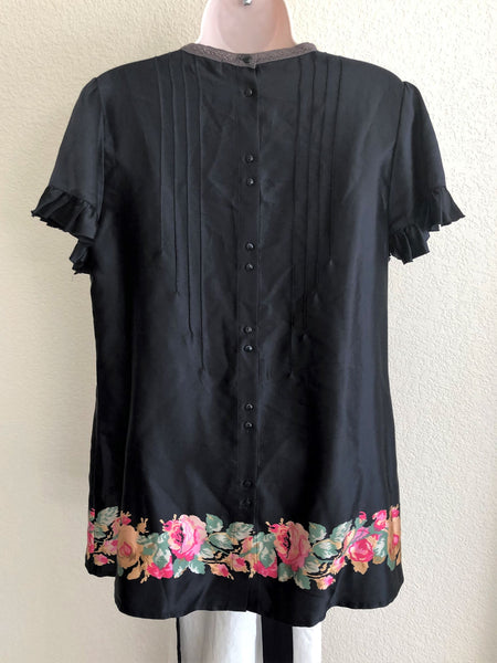 Free People Size 6 Black Silk Floral Top