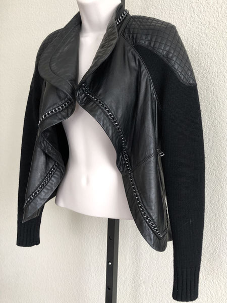 Yigal Azrouel Size 2 Black Leather and Knit Jacket - RETAILED AT $1,100