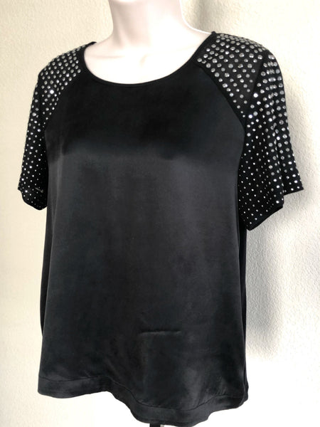 Rebecca Taylor Size 2 Black Rhinestone Sleeve Silk Top