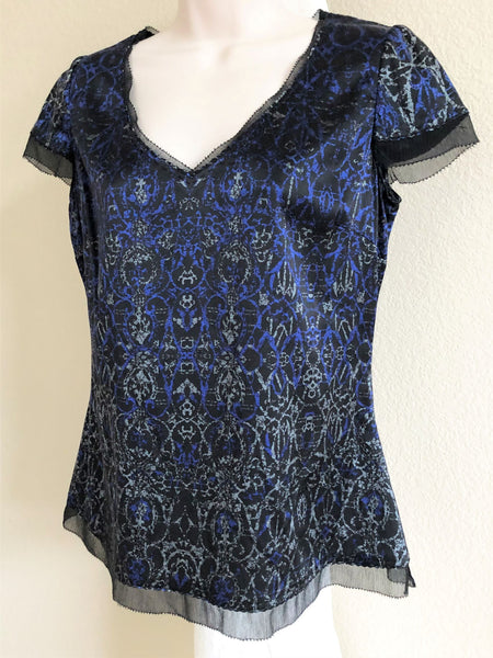 Elie Tahari MEDIUM Blue and Black Silk Top