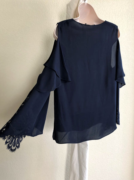 Kobi Halperin LARGE Mollie Cold Shoulder Navy Silk Top