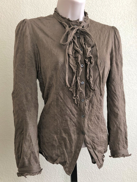 Tocca Size 6 Taupe Ruffle Front Shirt