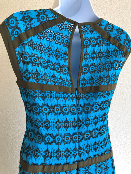 nanette lepore blue lace dress NANETTE LEPORE Periwinkle Blue Lace Black Criss Cross Back Sheath Dress 8 M