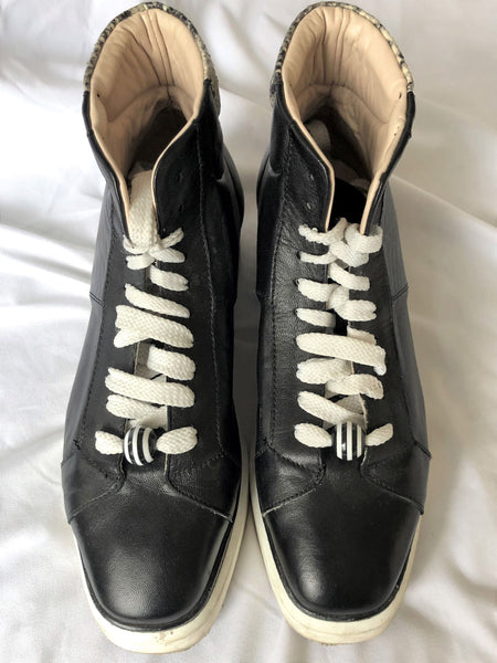 Oxitaly Size 8.5 Italian Black Leather Platform Sneakers