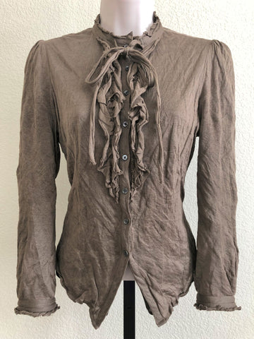 Tocca Size 6 Taupe Ruffle Front Shirt