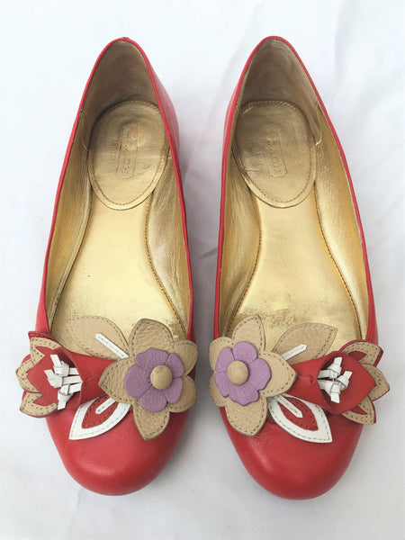 COACH Size 6 Chrisann Red Leather Floral Flats