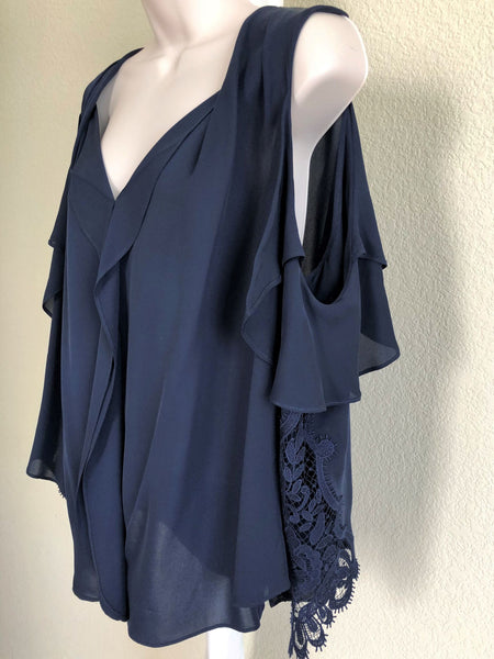 Kobi Halperin LARGE Mollie Cold Shoulder Navy Silk Top