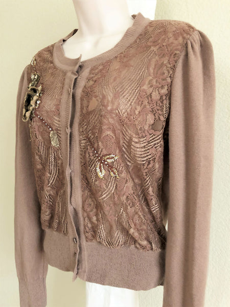 Blumarine SMALL Tan Beaded Cashmere Cardigan